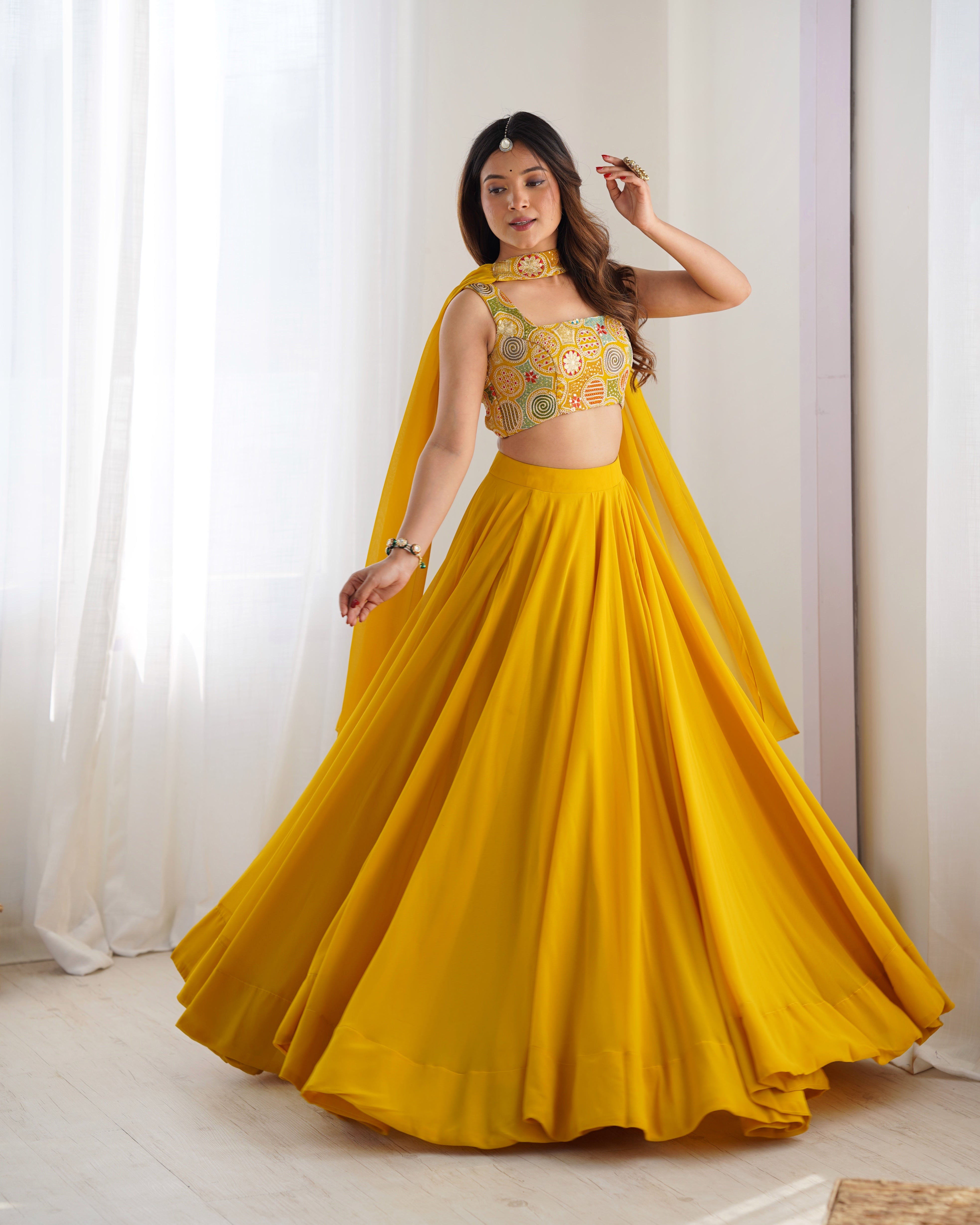 Lorenvalley Yellow Faux Georgette Stitched Lehenga Embroidery Blouse with Dupatta - Distacart