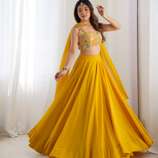 Lorenvalley Yellow Faux Georgette Stitched Lehenga Embroidery Blouse with Dupatta - Distacart