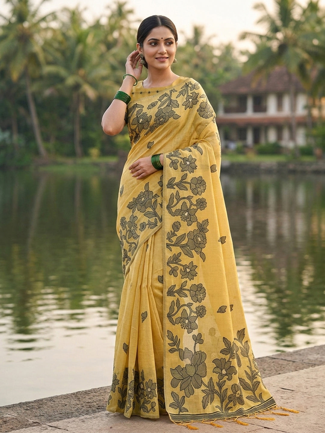 Anaita Yellow Linen Printed Saree With Blouse - Distacart