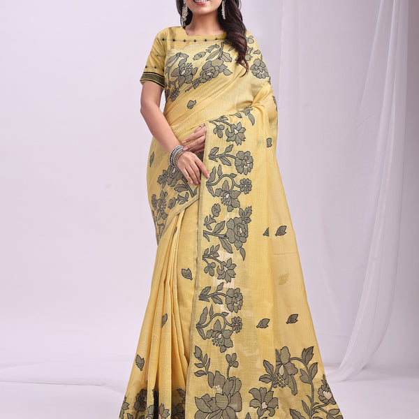 Anaita Yellow Linen Printed Saree With Blouse - Distacart