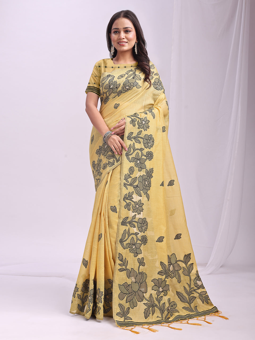 Anaita Yellow Linen Printed Saree With Blouse - Distacart