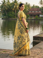 Thumbnail for Anaita Yellow Linen Printed Saree With Blouse - Distacart