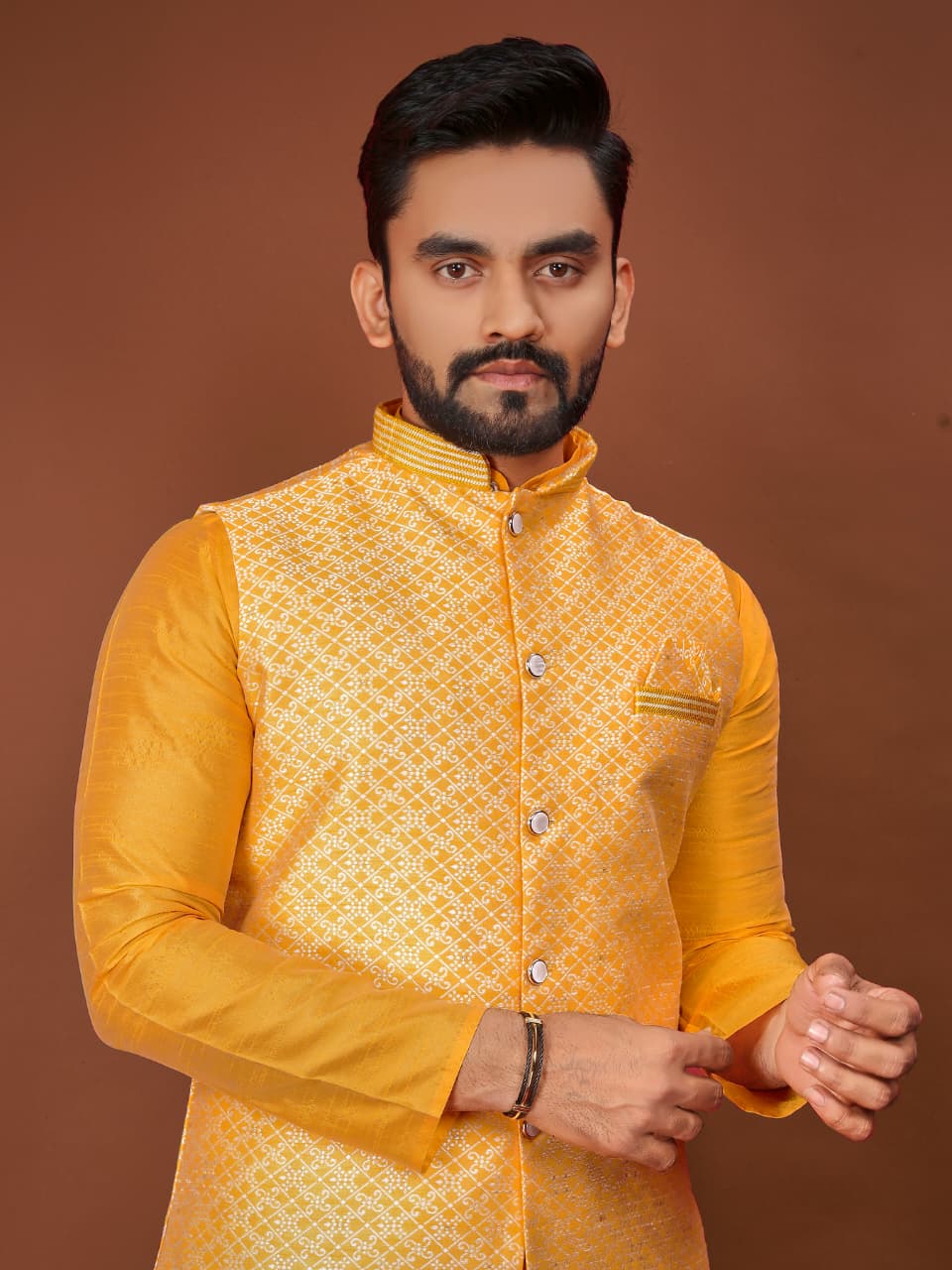 Anaita Yellow Jacquard Silk Straight Kurta With Koti & Pajama - Distacart