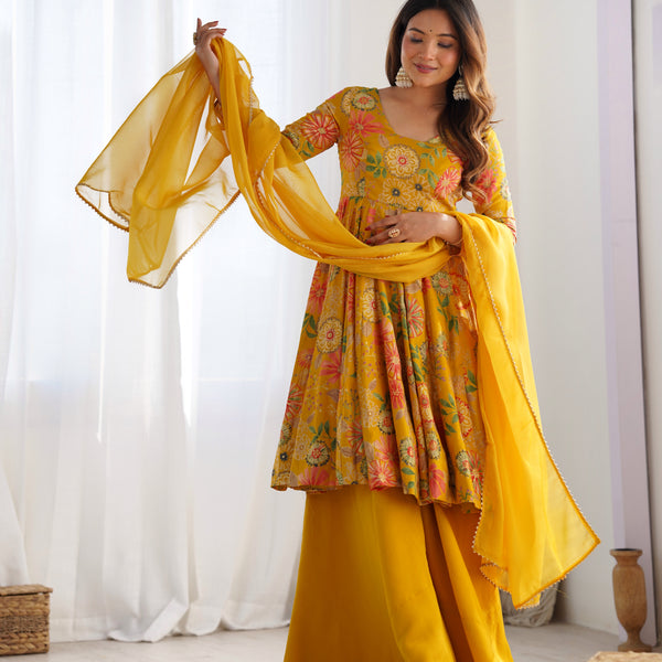 Lorenvalley Women Pure Soft Roman silk Chanderi Discharge Print Fabric Kediya Kurta Palazzo with Dupatta Set - Yellow - Distacart