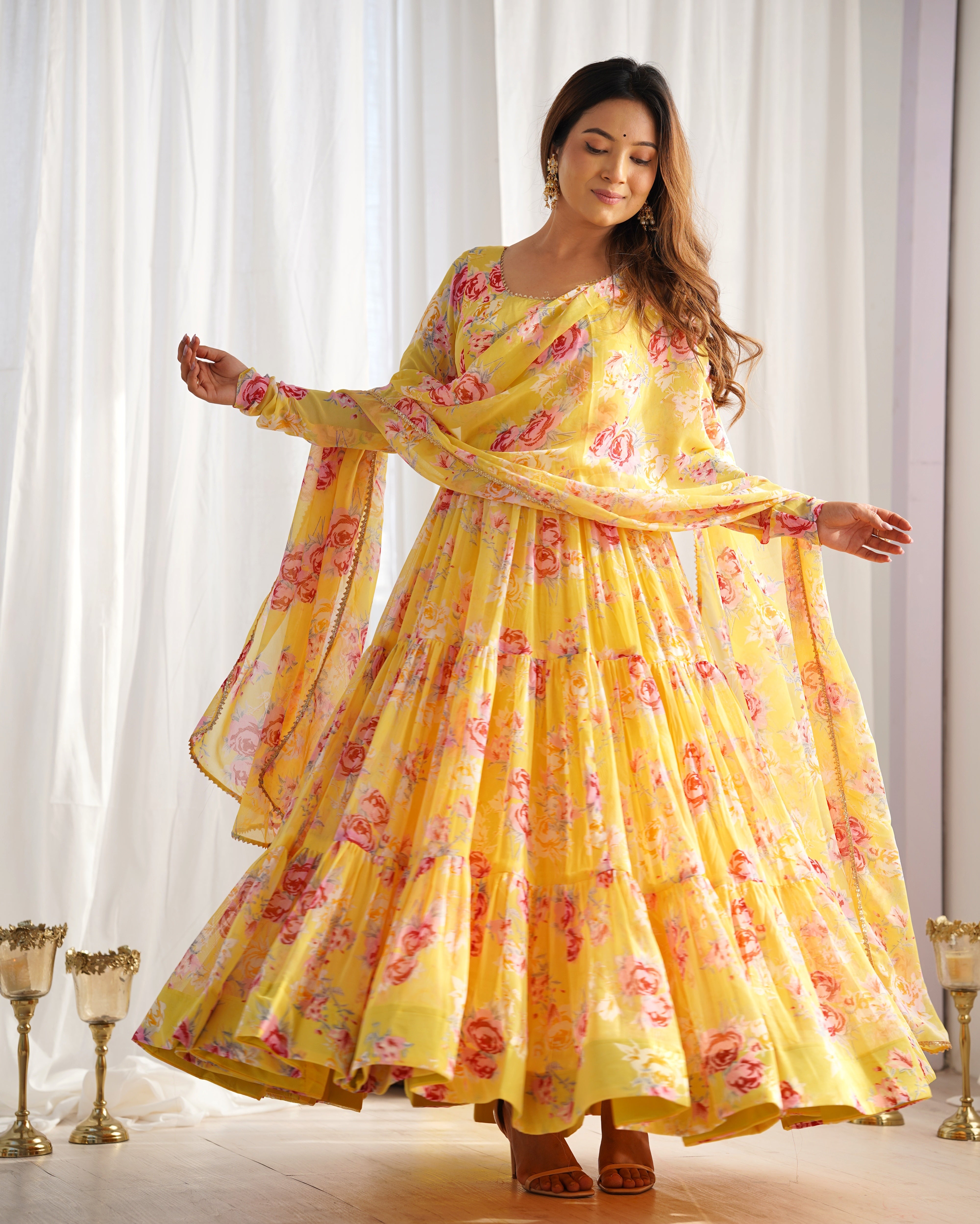 Lorenvalley Women Pure Soft Faux Georgette Floral Print Fully Flair Anarkali Kurta Pant With Dupatta Set - Yellow - Distacart