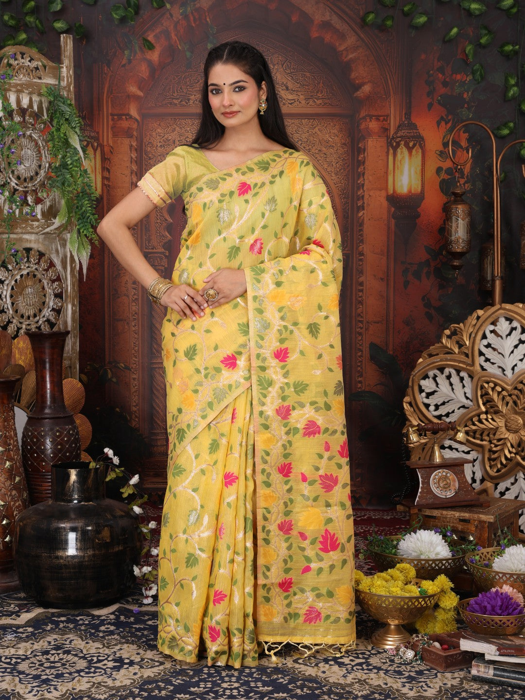 Anaita Yellow Linen Printed Saree With Blouse - Distacart