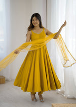 Thumbnail for Lorenvalley Fashion Yellow Pure Romansilk Chanderi Fabric Yoke Fancy Lace Work Anarkali Kurta Pant With Dupatta Set