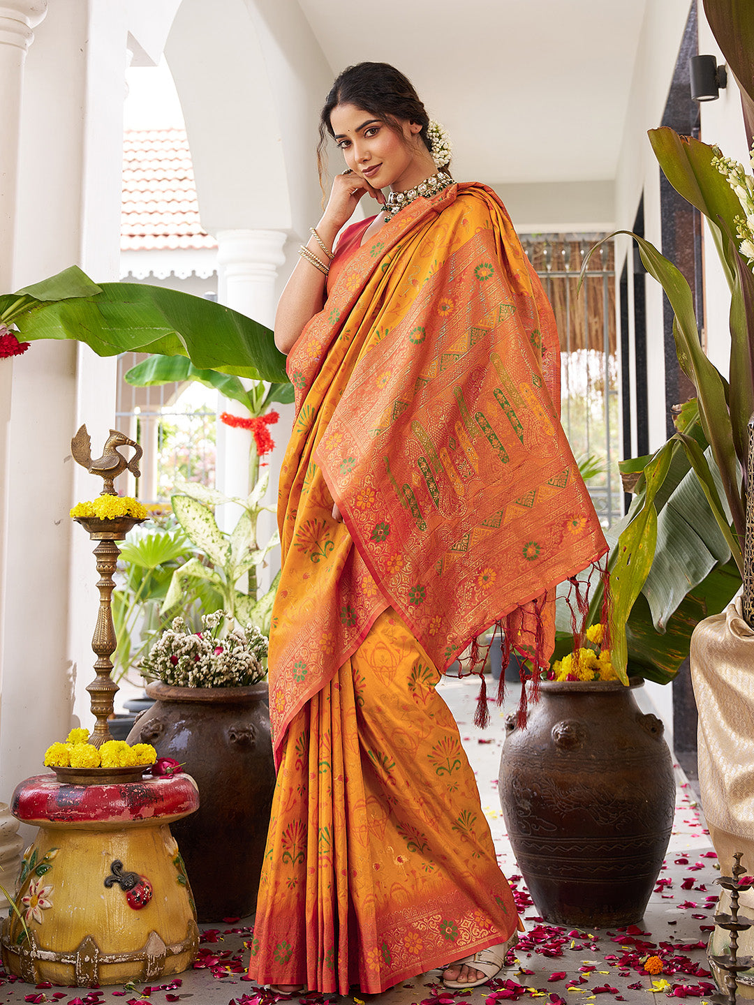 Anaita Yellow Silk Woven Saree With Blouse - Distacart