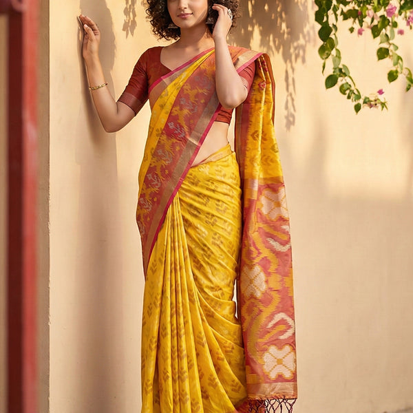 Anaita Yellow Pochampally Printed Saree With Blouse - Distacart