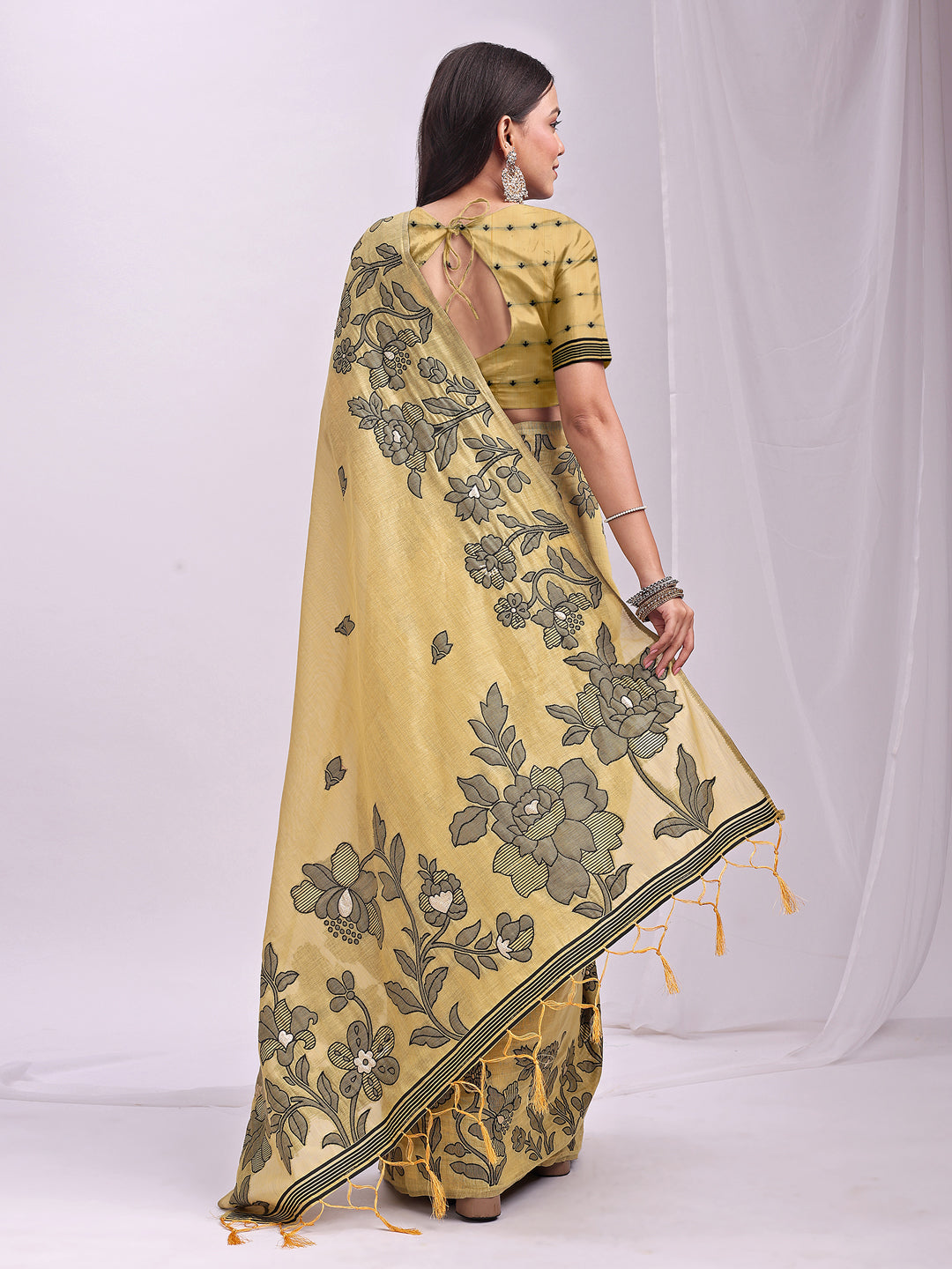 Anaita Yellow Linen Printed Saree With Blouse - Distacart