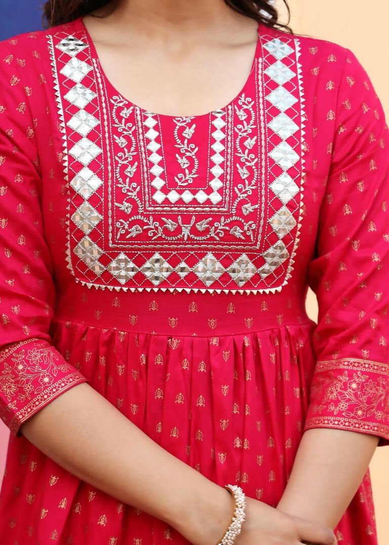 Alvano Women's A-line Naira Cut Embroidery work Print Kurti with Pant and Dupatta set Rayon (Red) - Distacart