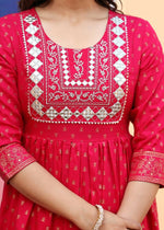 Thumbnail for Alvano Women's A-line Naira Cut Embroidery work Print Kurti with Pant and Dupatta set Rayon (Red) - Distacart