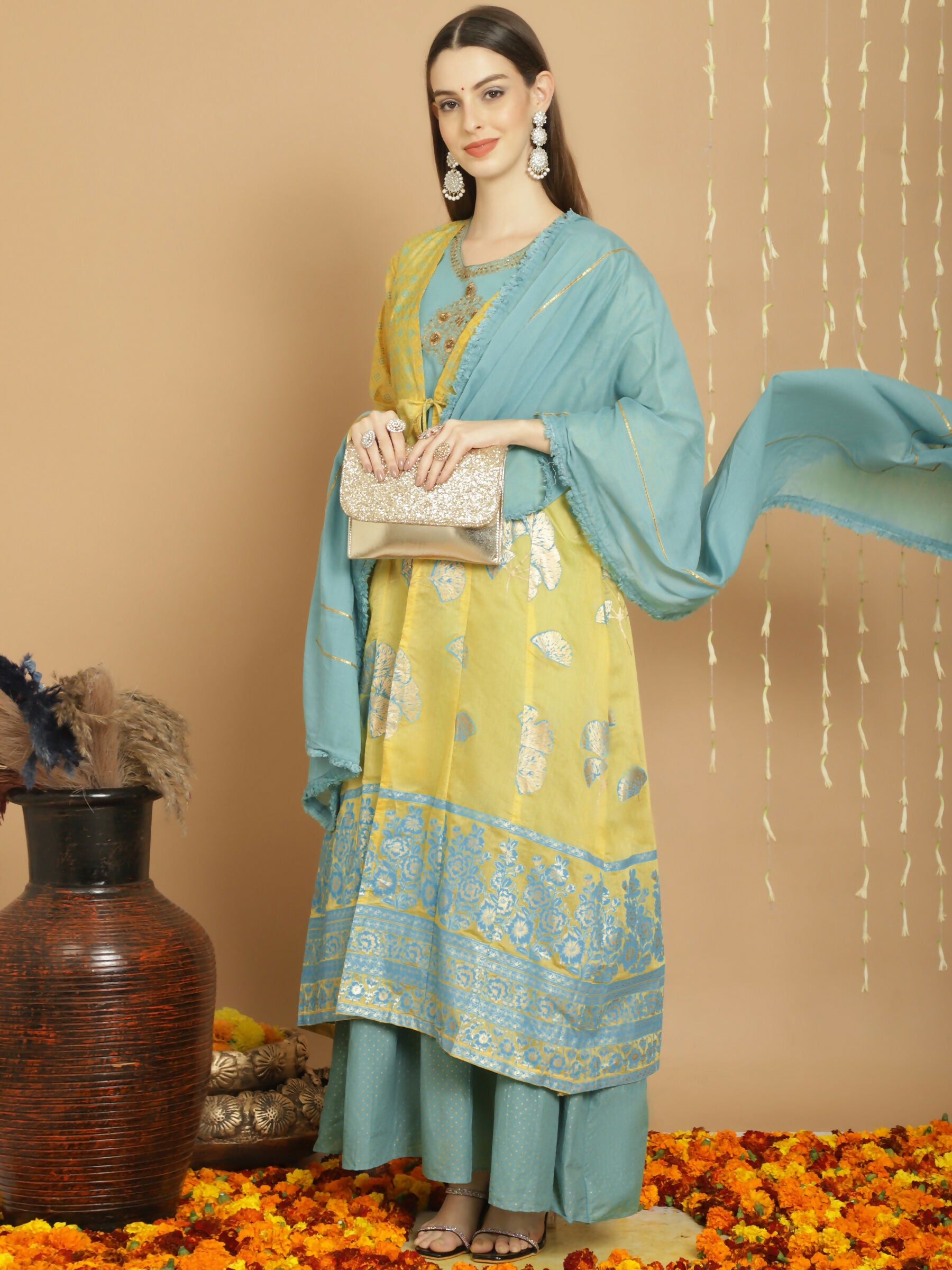 Jyoti Fashion Women's Yellow Chanderi Silk Elegant Jardoshi Kurta with Trouser & Dupatta - Distacart