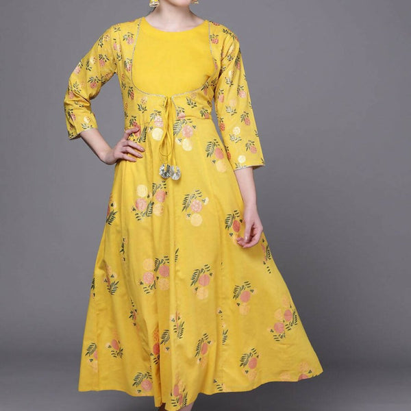 Ahalyaa Women Yellow Floral Fit & Flare Maxi Ethnic Dress - Distacart