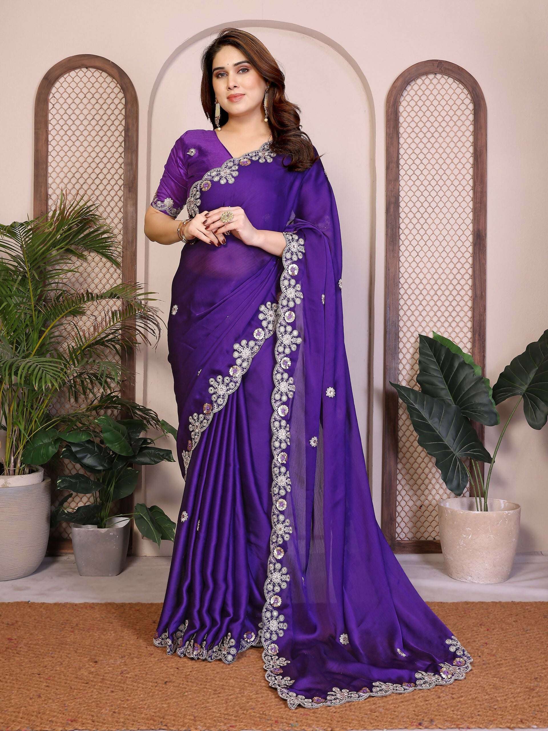 Teeya Creation New Trendy Party Wear Soft Satin Chiffon Saree-Purple - Dista