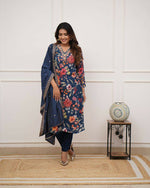 Thumbnail for The52 Blue Women's Gorgeous Printed Pure Russian Silk Fabric Straight Kurta Pant with Dupatta Set - Distacart
