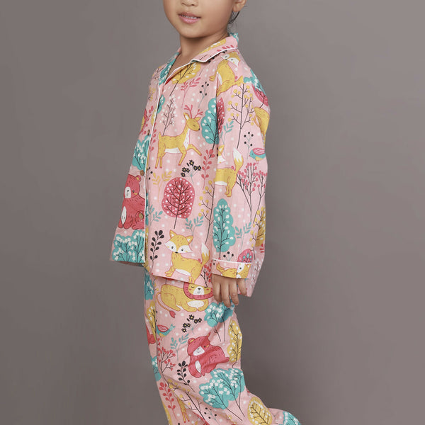 Breathables Kids Cotton Night Suit – Peach Lion & Teddy Shirt & Pyjama Co-Ord Set For Boys & Girls - Dista