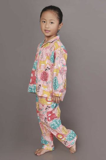 Breathables Kids Cotton Night Suit – Peach Lion & Teddy Shirt & Pyjama Co-Ord Set For Boys & Girls - Dista
