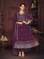 Thumbnail for Jyoti Fashion Women's Purple Georgette Embroidered Anarkali Kurta Pant Set With Dupatta - Distacart