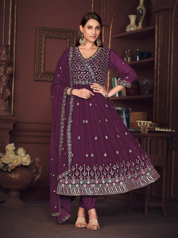 Jyoti Fashion Women's Purple Georgette Embroidered Anarkali Kurta Pant Set With Dupatta - Distacart