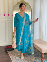 Thumbnail for The52 Blue Women's Gorgeous Viscose Fabric Embroidered Work Straight Kurta, Pant and Dupatta Set - Distacart