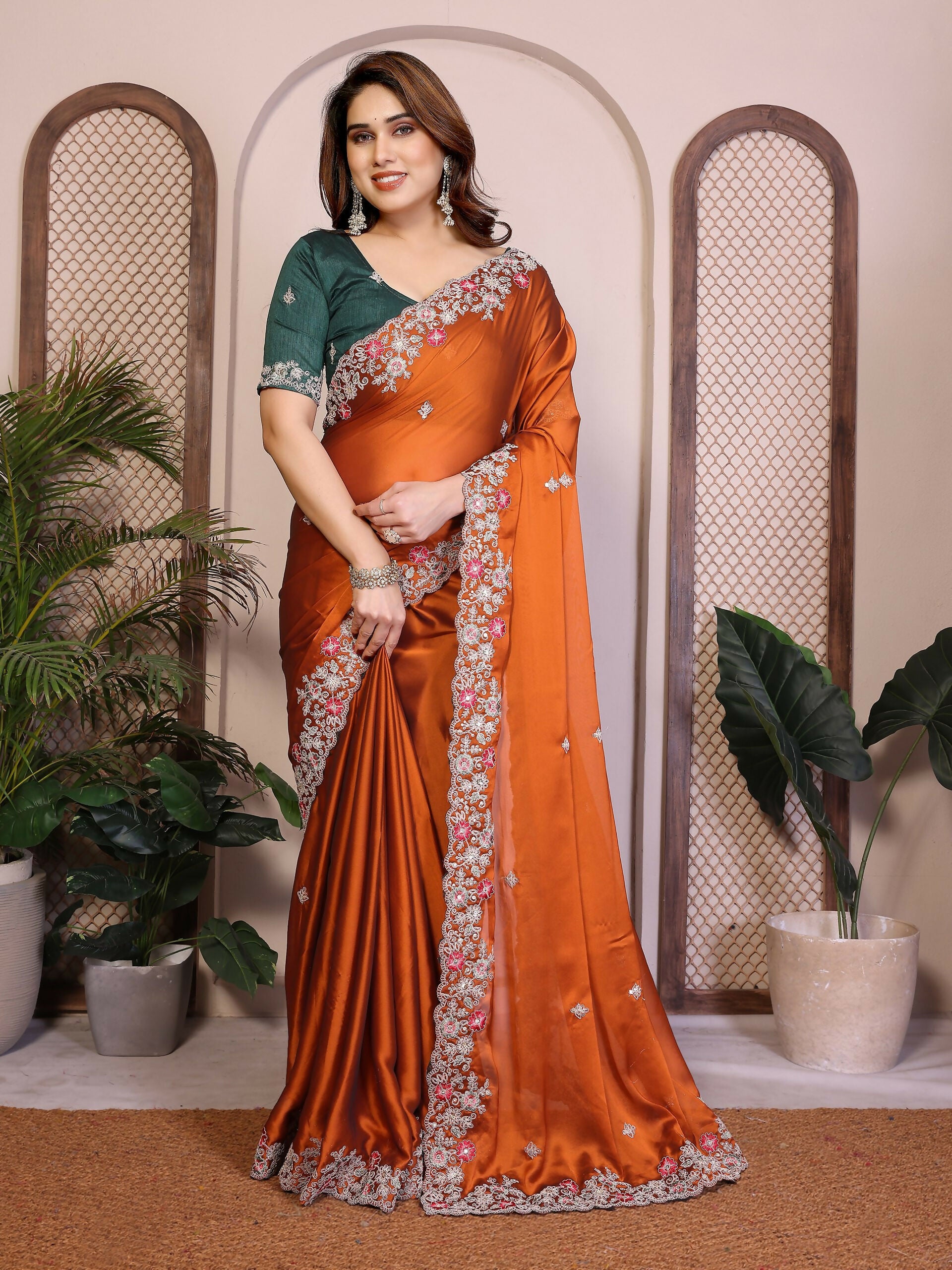 Teeya Creation New Trendy Stylish Party Wear Silk Saree-Orange - Dista