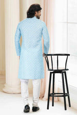 Thumbnail for Raivat Ethnic Cotton Thread Work Kurta Pajama In Sky Blue Colour - Dista