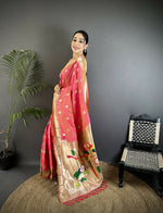 Thumbnail for Joban Fashion Peach Peacock & Floral Motifs Soft Silk Kanchipuram Saree - Distacart