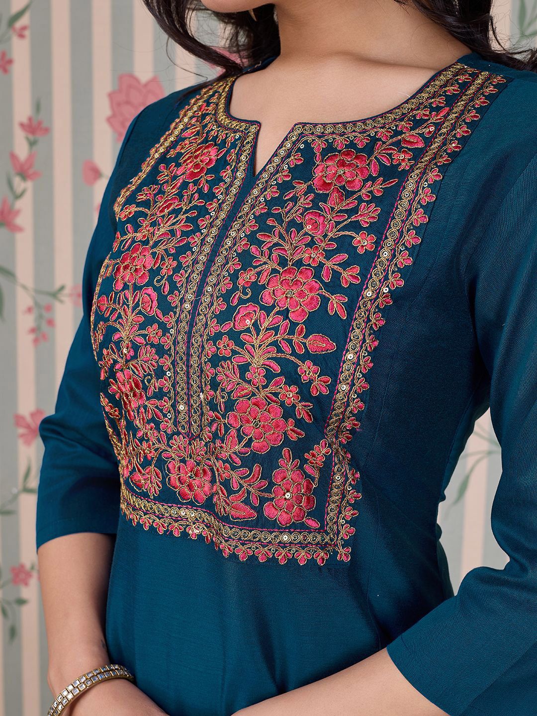 Ode by House of Pataudi Blue Ethnic Motifs Embroidered Zari Kurta With Trousers & Dupatta - Distacart