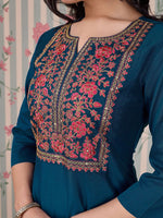 Thumbnail for Ode by House of Pataudi Blue Ethnic Motifs Embroidered Zari Kurta With Trousers & Dupatta - Distacart