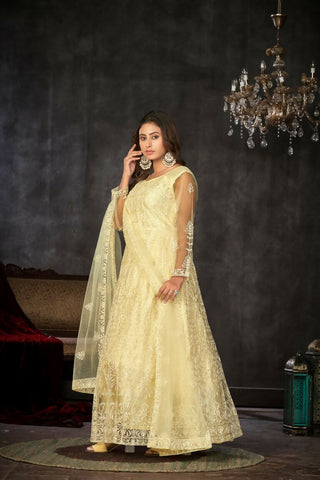 Jyoti Fashion Women's Cream Net Embroidered Anarkali Kurta Pant Set With Dupatta - Distacart
