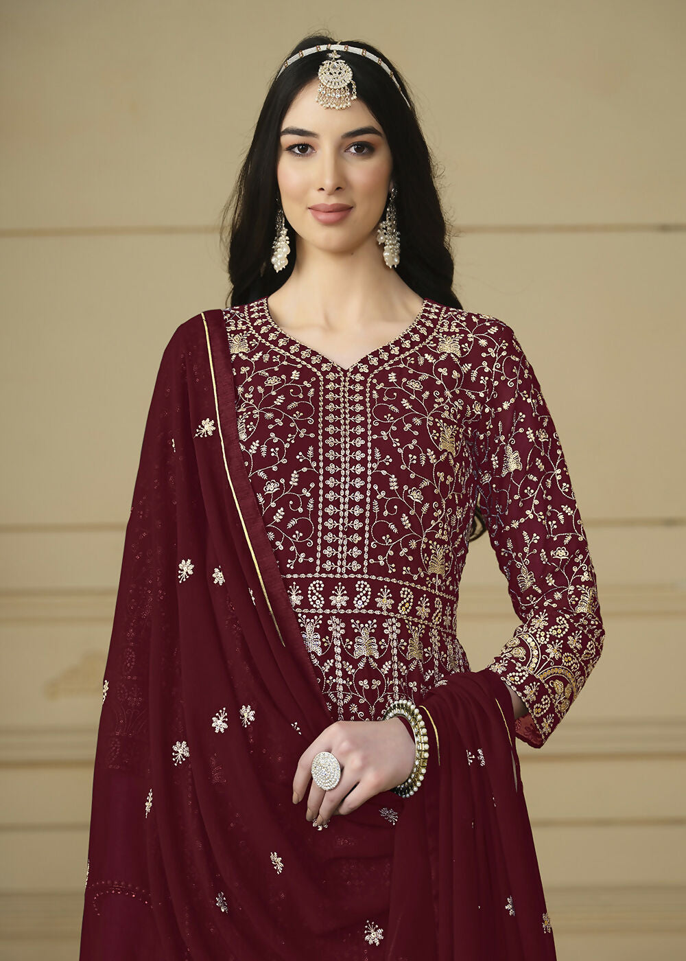 Maroon Embroidered Trendy Style Anarkali Suit - Emponline - Distacart