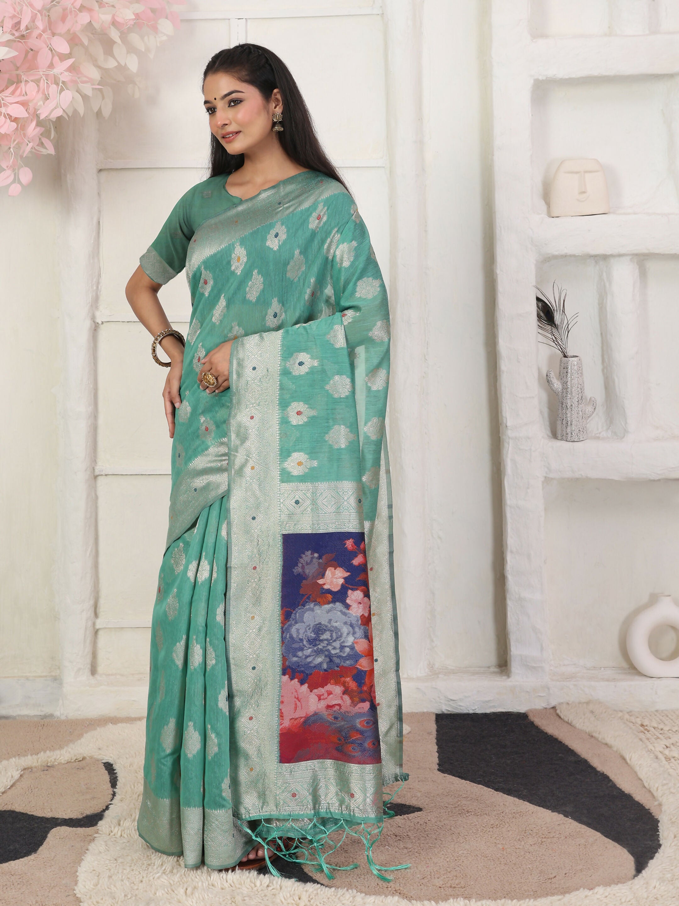 Astita Linen Cotton Rama Green Saree