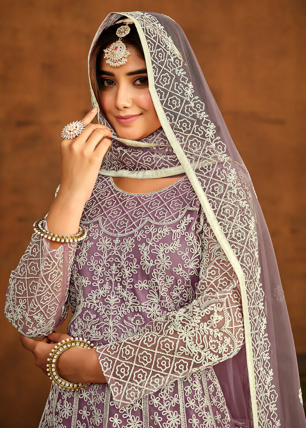 Purple All Over Embroidered Net Wedding Anarkali Suit - Emponline - Distacart