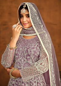 Thumbnail for Purple All Over Embroidered Net Wedding Anarkali Suit - Emponline - Distacart