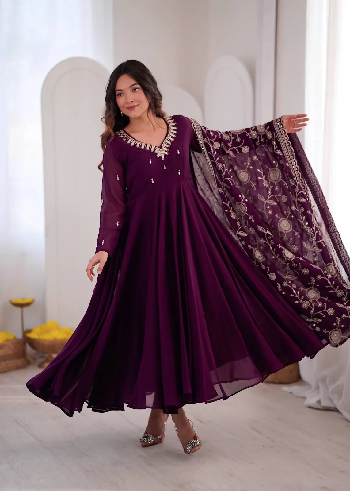 Teeya Creation Wine Anarkali Suit Set with Embroidered Dupatta