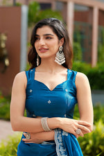 Thumbnail for Vastranavya Firozi Embroidery Work Shimmer Chiffon Saree with Unstitched Blouse