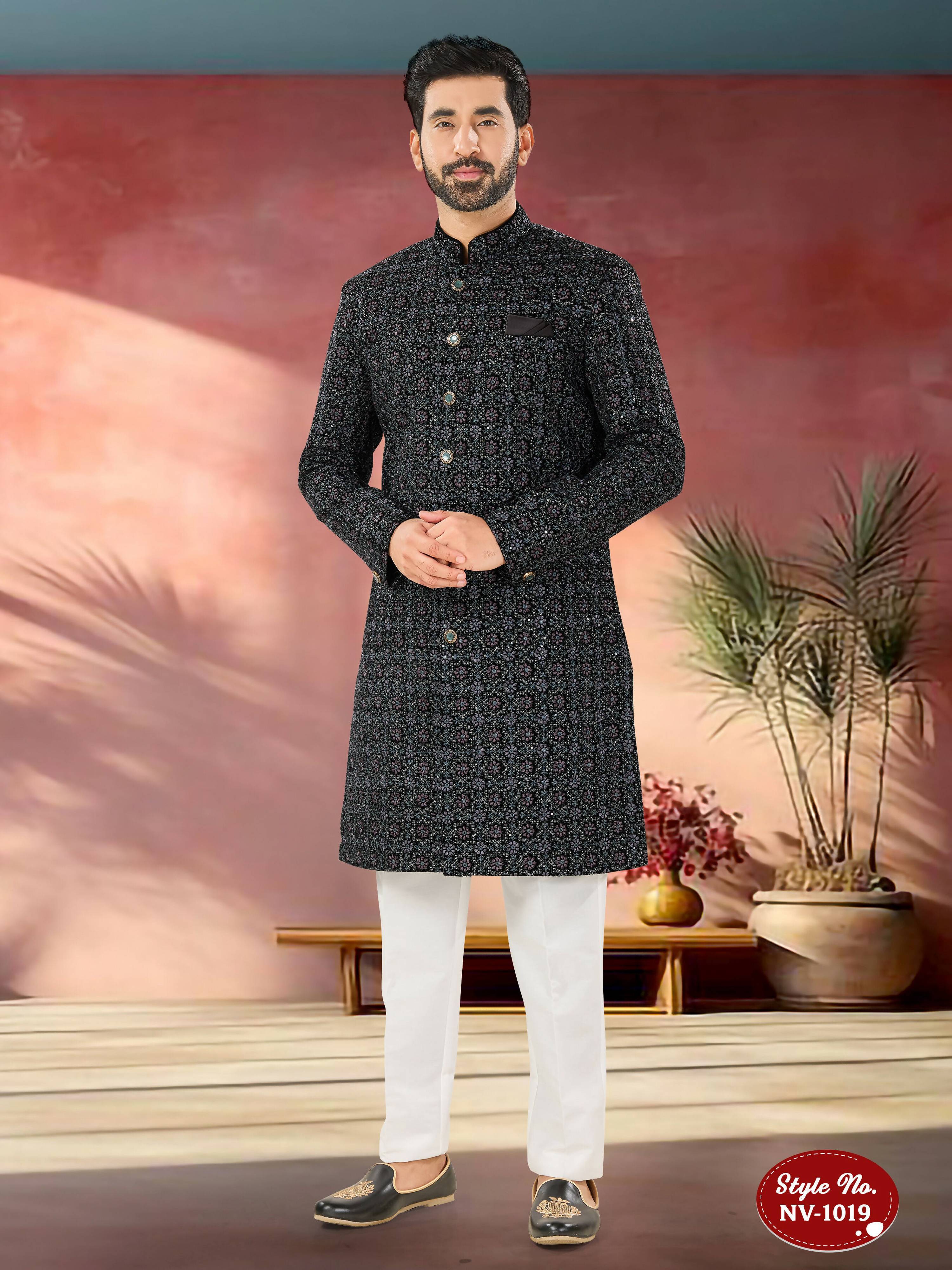Joban Fashion Men's Blue Base Straight Velvet Thread And Sequence Embroidary All Over Indo-Western Kurta Set - Distacart