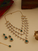 Thumbnail for Ruby Raang 22k Gold Polished Layered Kundan And Emerald Necklace With Earrings And Maang Tikka