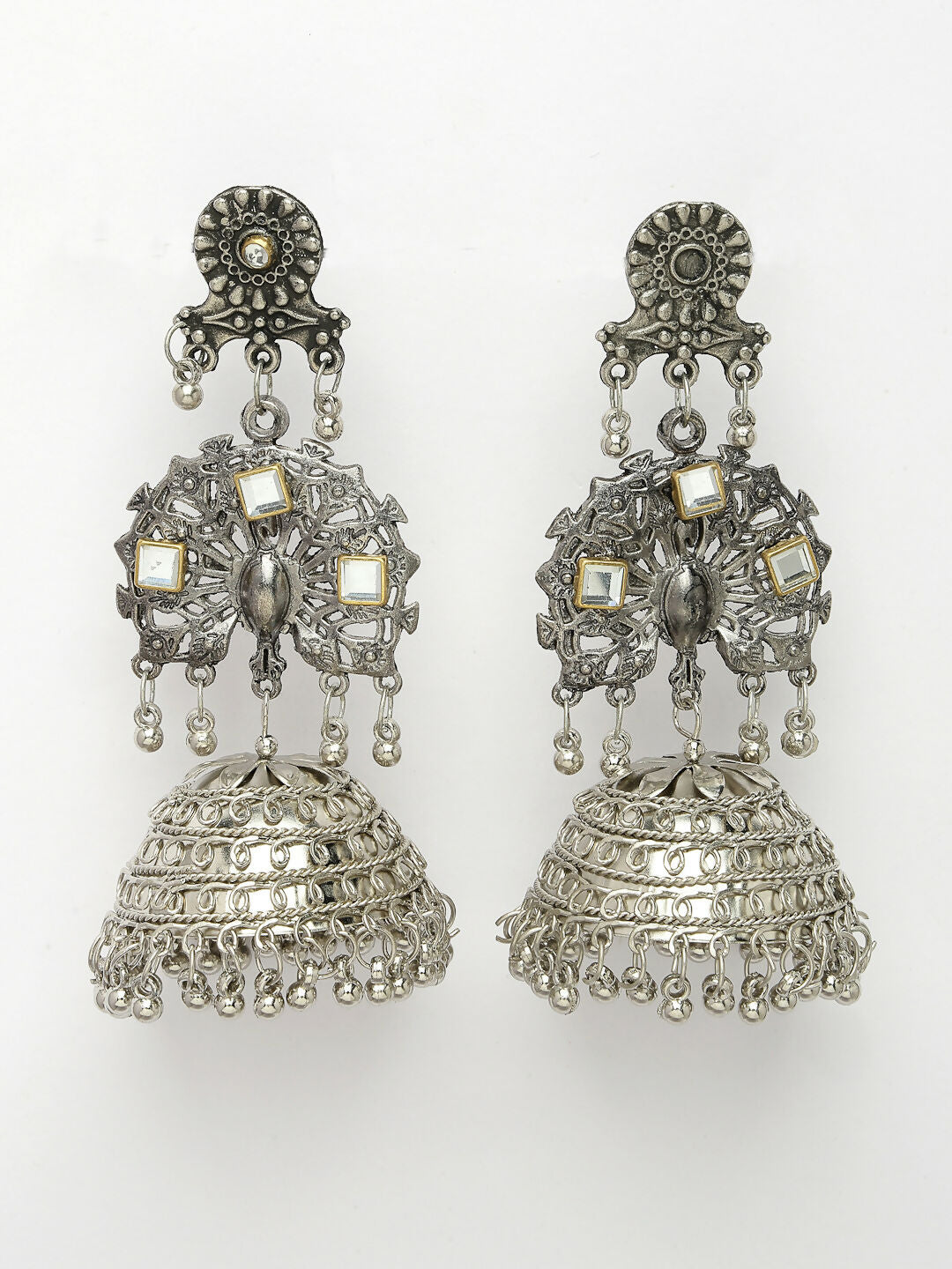 NVR Women's Silver Plated Mirror Work Oxidised Contemporary Jhumka Earrings - Distacart
