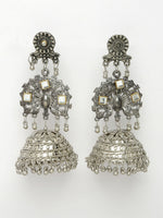 Thumbnail for NVR Women's Silver Plated Mirror Work Oxidised Contemporary Jhumka Earrings - Distacart