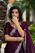 Thumbnail for Vastranavya Wine Embroidery Work Shimmer Chiffon Saree with Unstitched Blouse