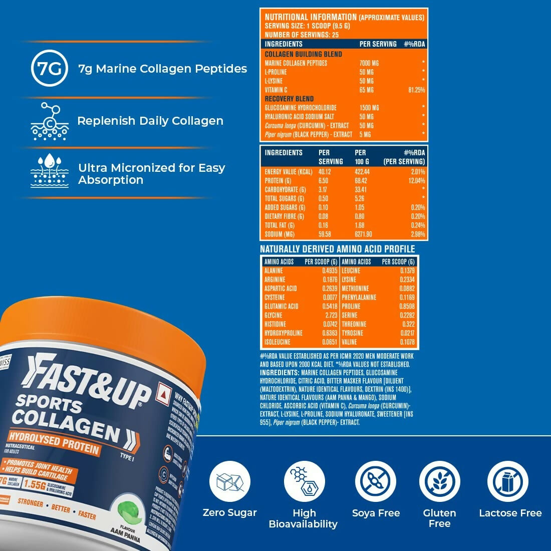 Fast&Up Sports Collagen Protein 7g Type 1 Marine Collagen Peptides