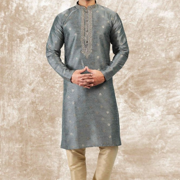 Raivat Ethnic Jacquard Silk Brocade Thread Work Kurta Pajama In Grey Colour - Distacart