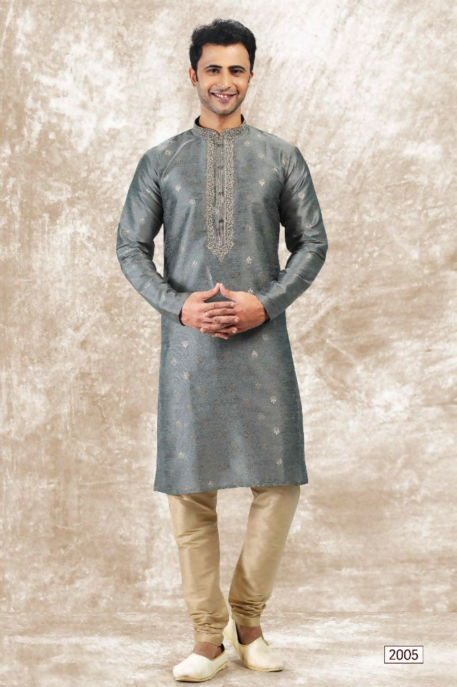 Raivat Ethnic Jacquard Silk Brocade Thread Work Kurta Pajama In Grey Colour - Distacart