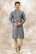 Thumbnail for Raivat Ethnic Jacquard Silk Brocade Thread Work Kurta Pajama In Grey Colour - Distacart