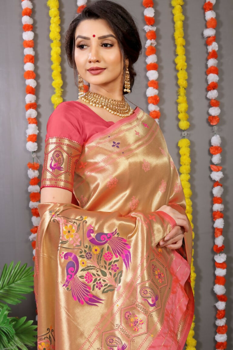 Jyoti Fashion Women's Peach Paithani Silk Zari Woven Saree with Blouse - Distacart
