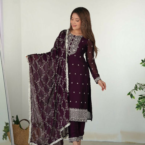 Joban Fashion Wine Kurta Set Silk Sequence Embroidery Work
