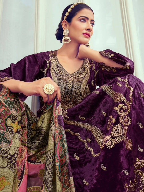 Aastha Fashion Women's Purple Velvet Cording with Digital Printed Kurta with Trouser & Dupatta - Distacart