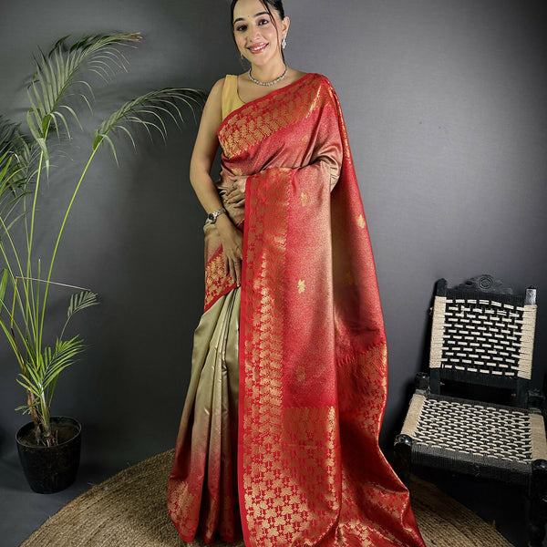 Joban Fashion Beige Handloom Silk Ikkat Saree